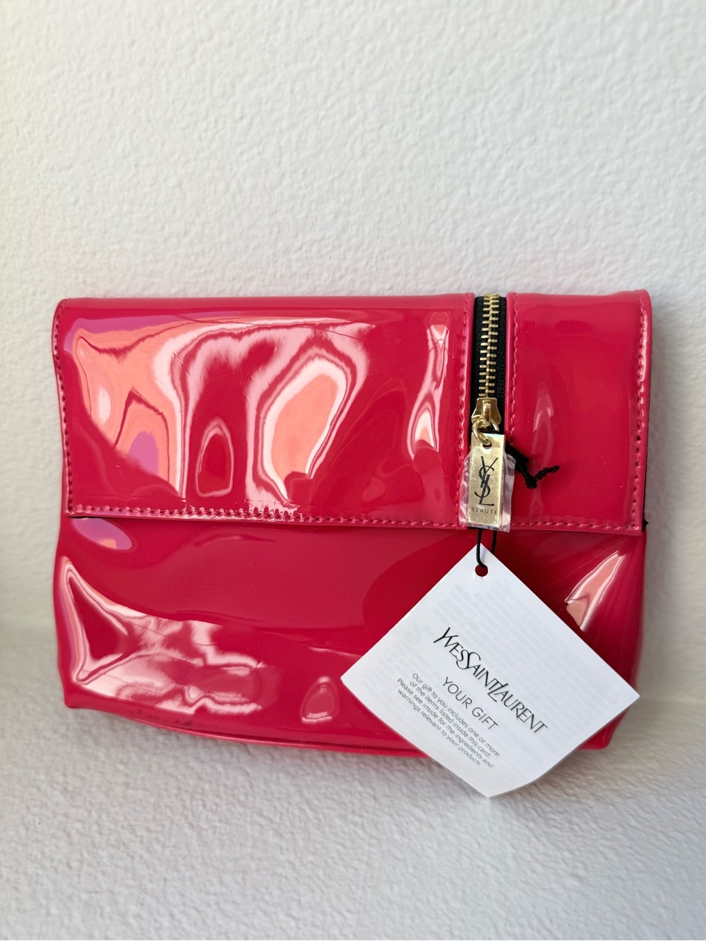 Yves Saint Laurent Beauty Hot Pink Patent Clutch/Crossbody with Gold Zipper
